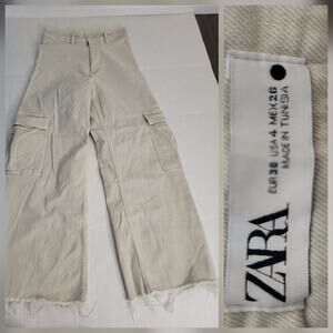 Zara Cargo Jeans Womens Sz 4 Straight Whide High Rise Rigid Utility Pockets Tan